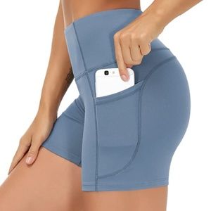 The Gym People High Waist Biker Shorts with Deep Pockets in Grey Blue